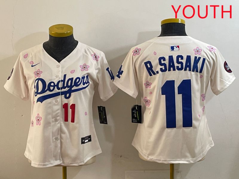 Youth Los Angeles Dodgers #11 R.Sasaki Cream Sakura Edition 2025 Nike MLB Jersey style 7